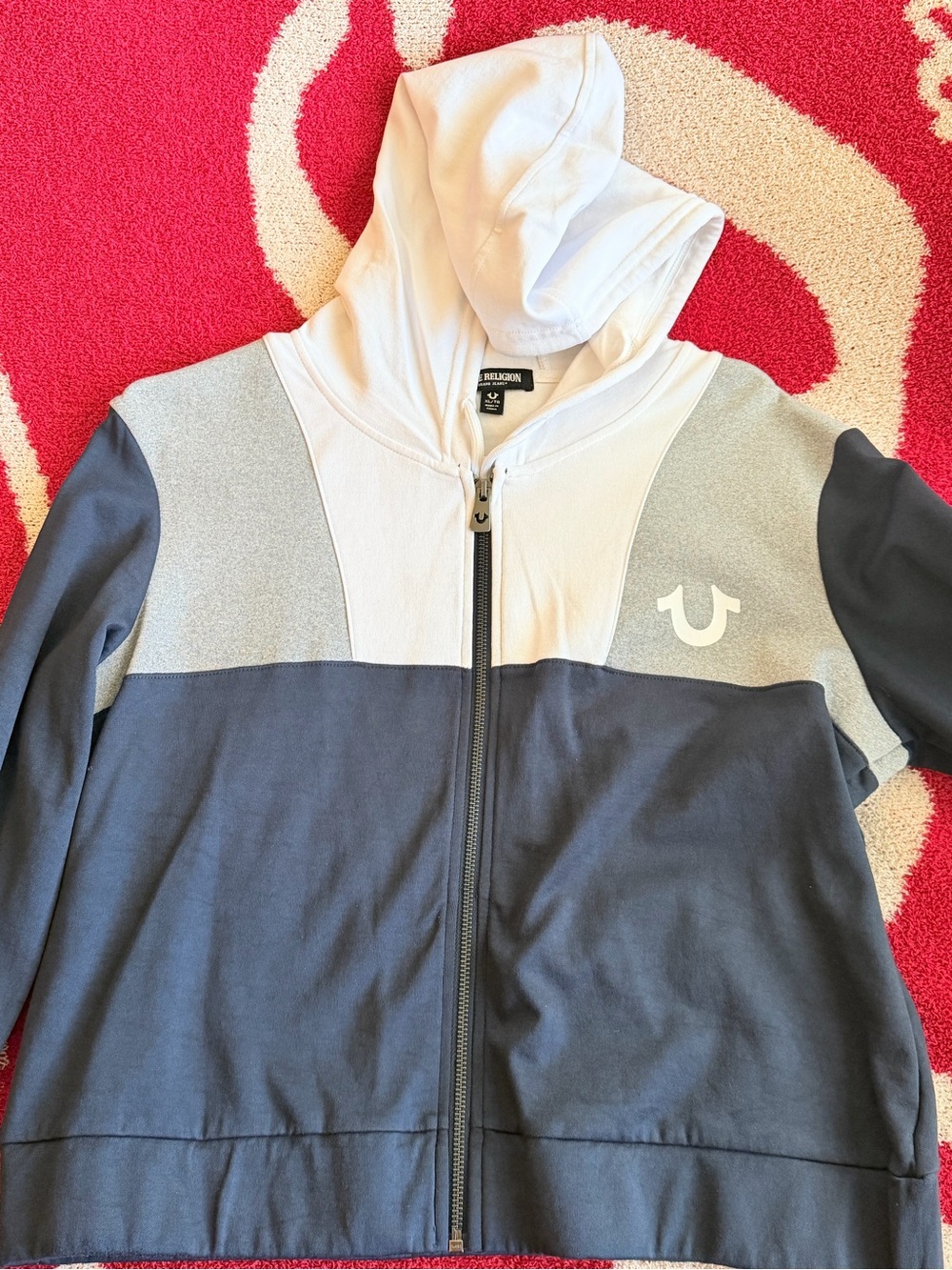 True Religion Womenโs Colorblock Zip Hoodie in Navy, White & Gray